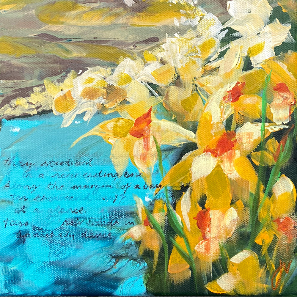 Artistic depiction of flowers with a blue background and text overlay