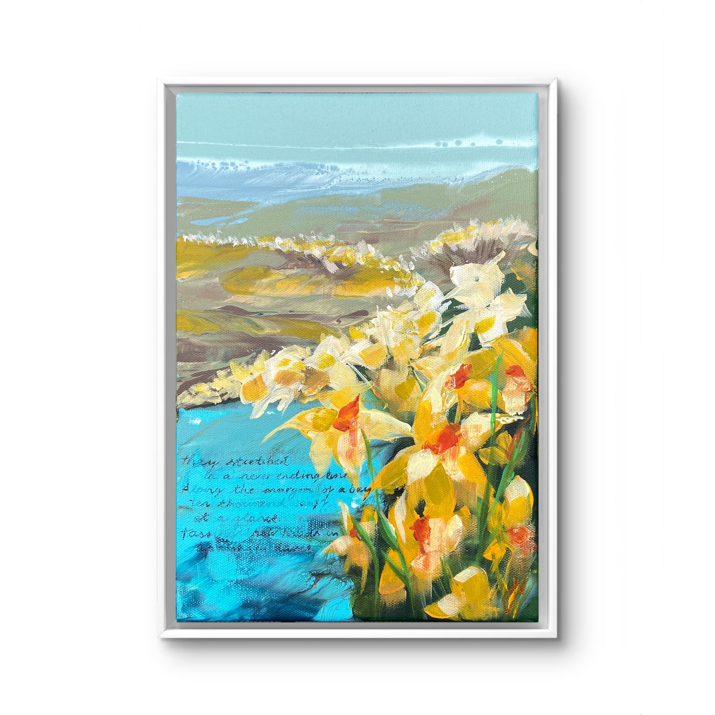 Framed painting of a landscape with yellow flowers and distant hills.