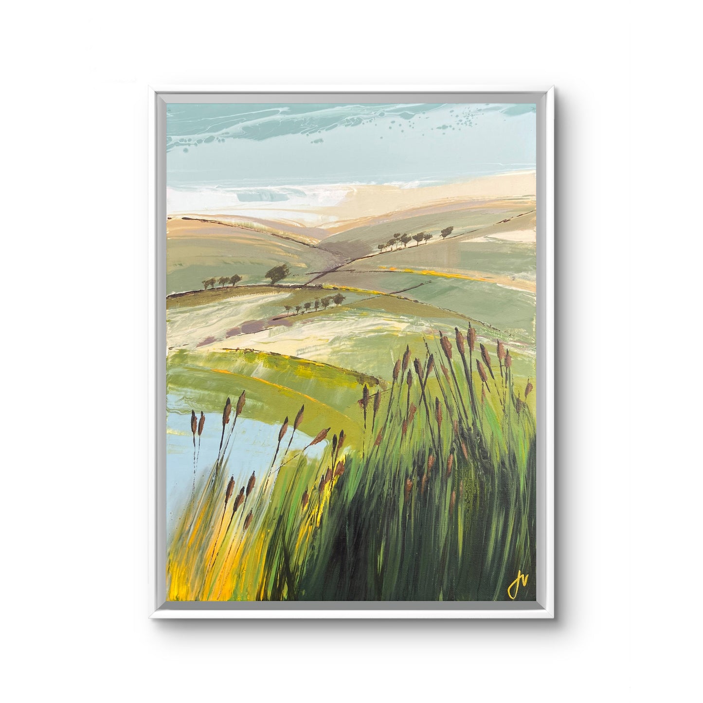 Framed painting of a landscape with green fields and reeds with frame
