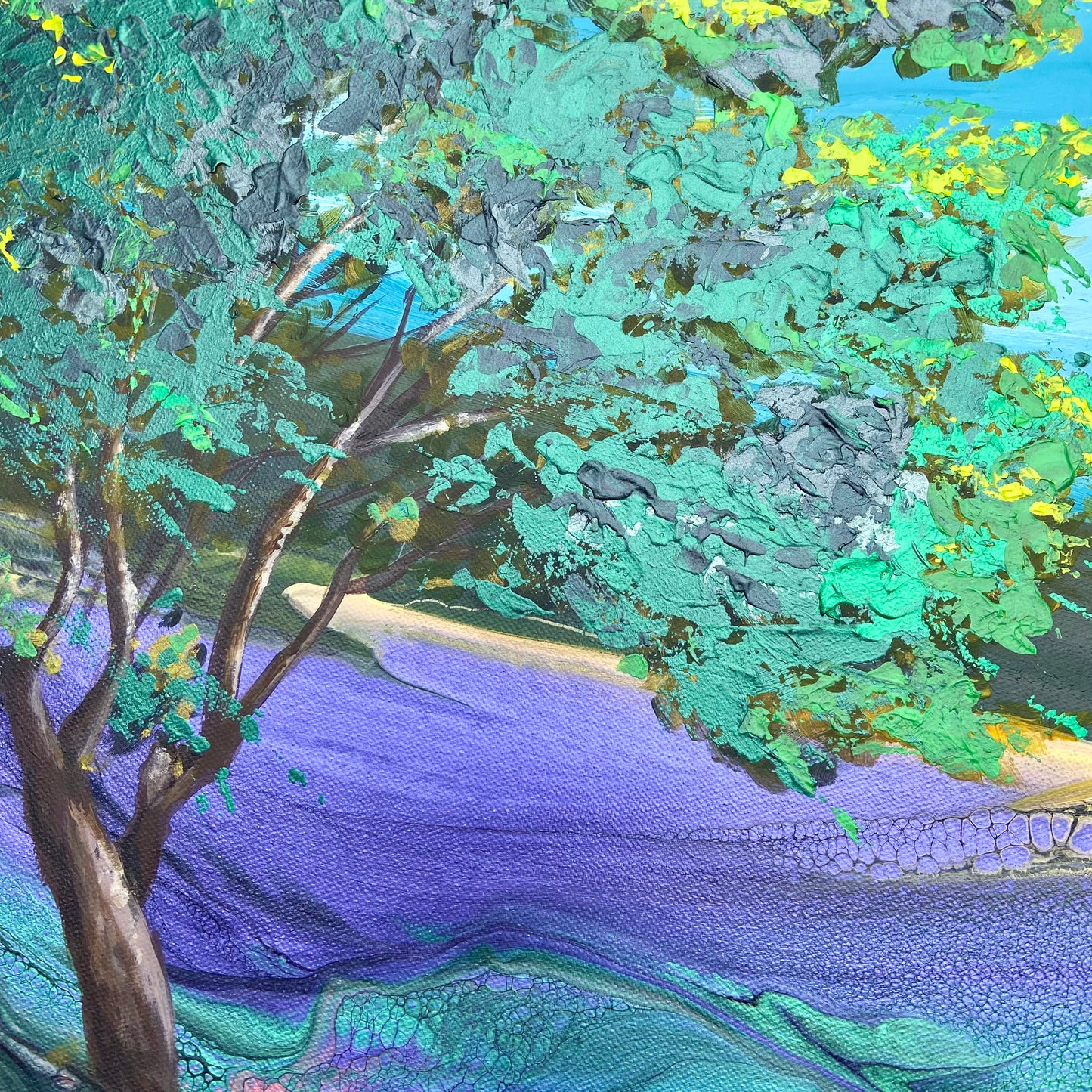 Artistic depiction of a landscape with tree in palette knife work