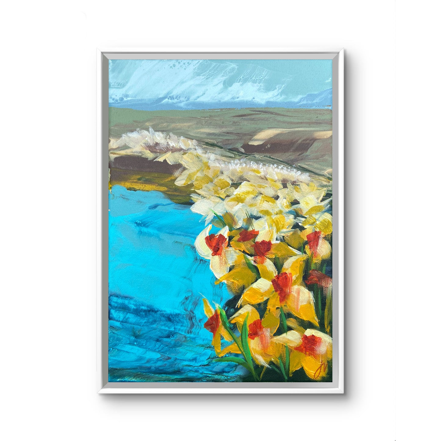 Framed painting of yellow flowers with a landscape background