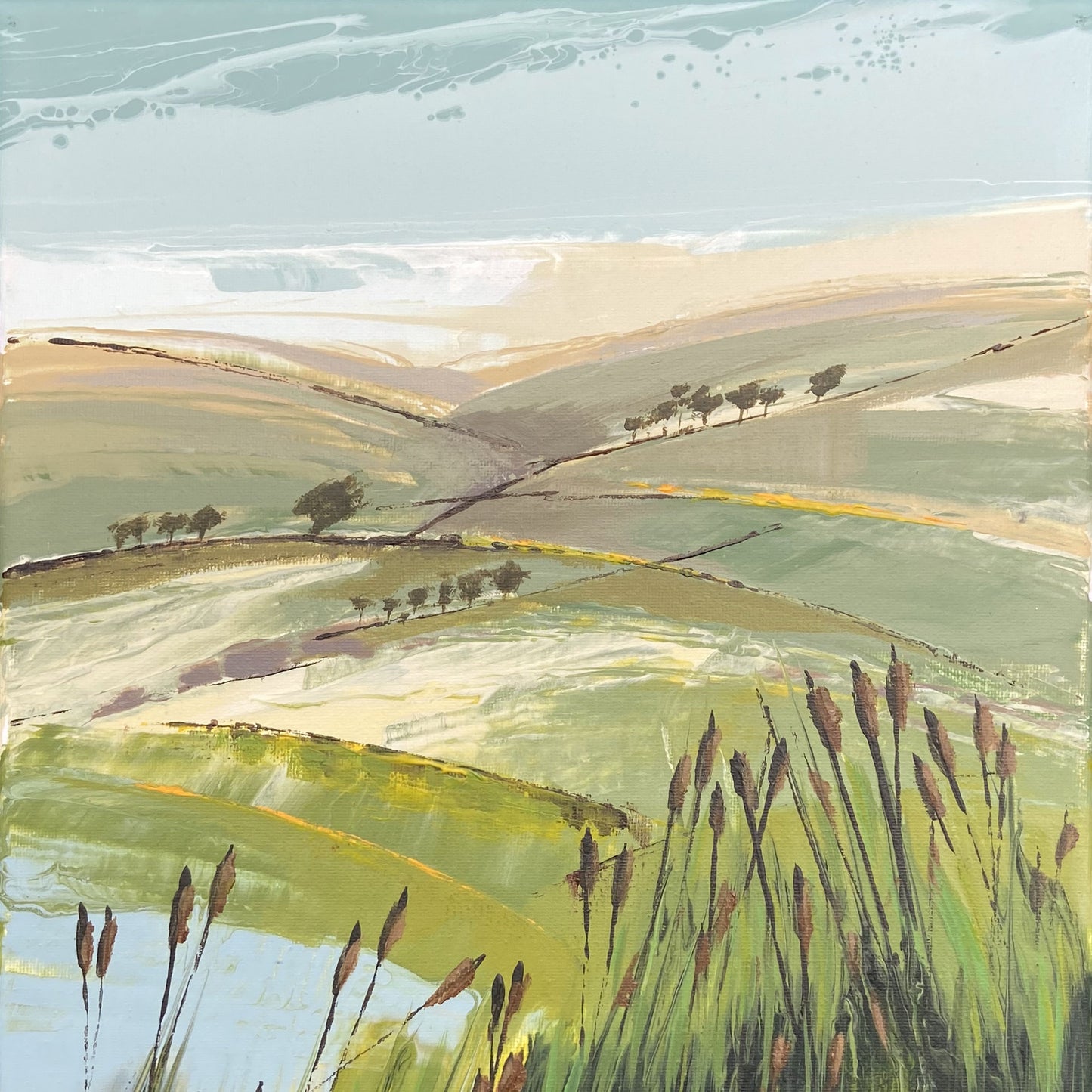 Painting of a landscape with fields, trees, and reeds. Square crop