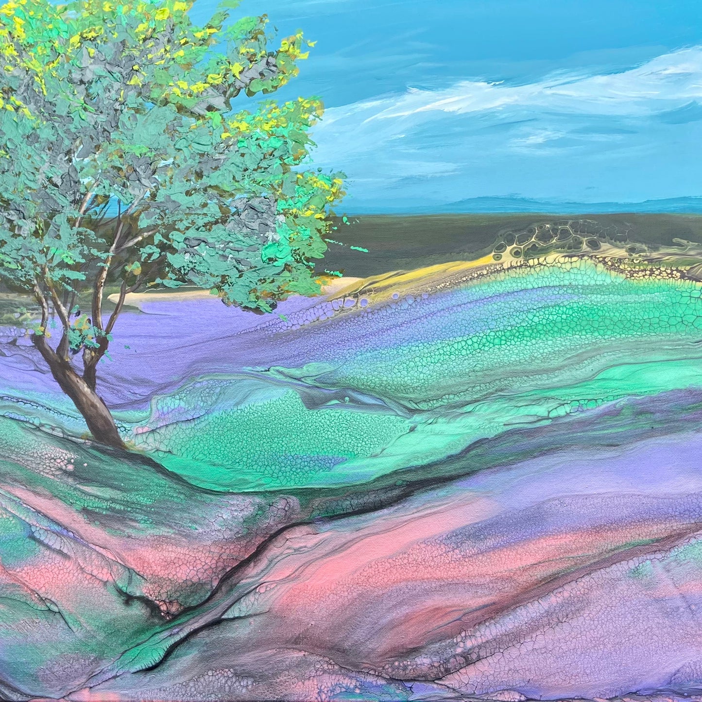 Colorful landscape painting with a tree and rolling hills. Square crop