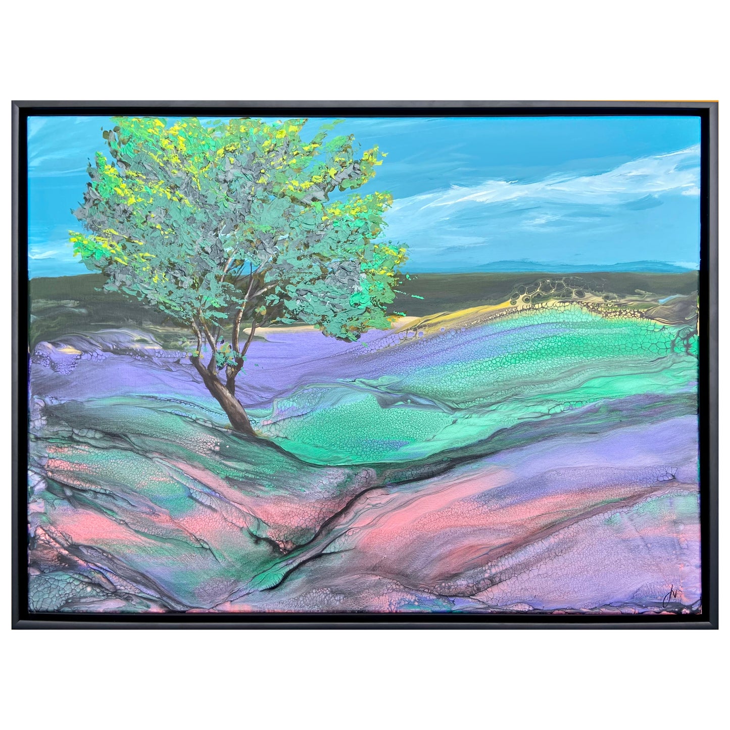 Colorful landscape painting with a tree on a hillside
