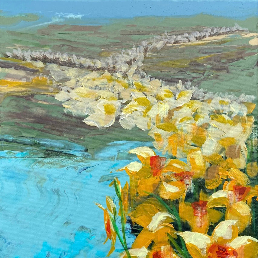 Painting of yellow flowers with a landscape in the background