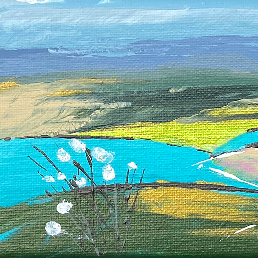 Artistic depiction of a landscape with water, green fields, and white flowers.