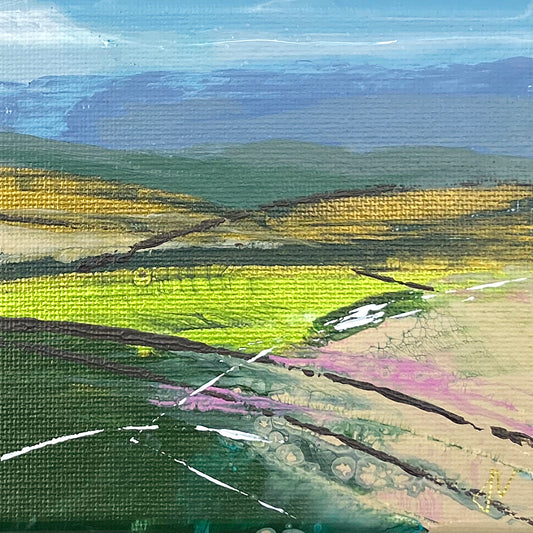 Abstract landscape painting with green, purple, and blue hues