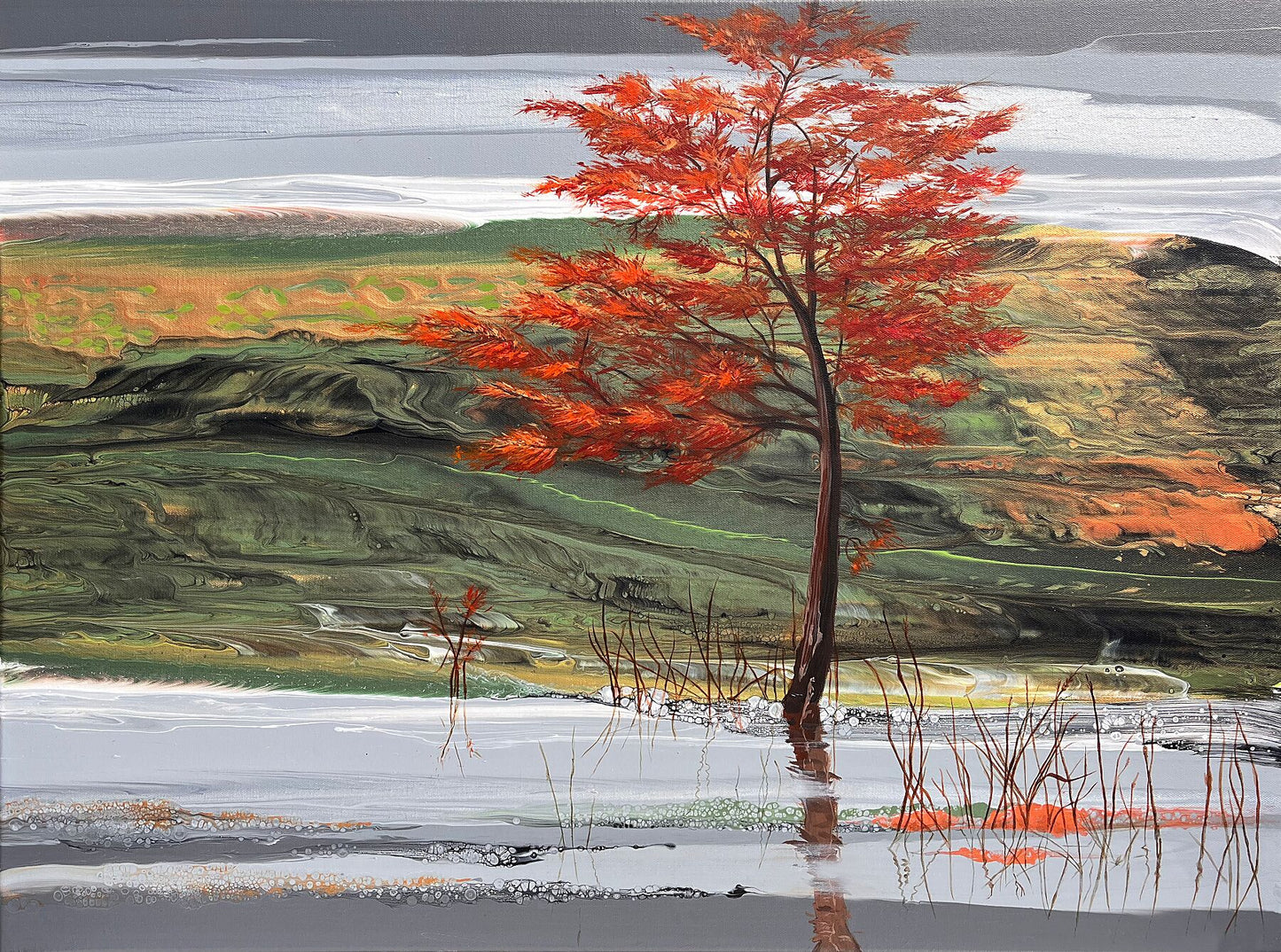 Julie Vatcher Artist presents a radiant tree under a silver sky—reflected in water and framed by delicate reeds, this piece glows with movement and light. Full crop