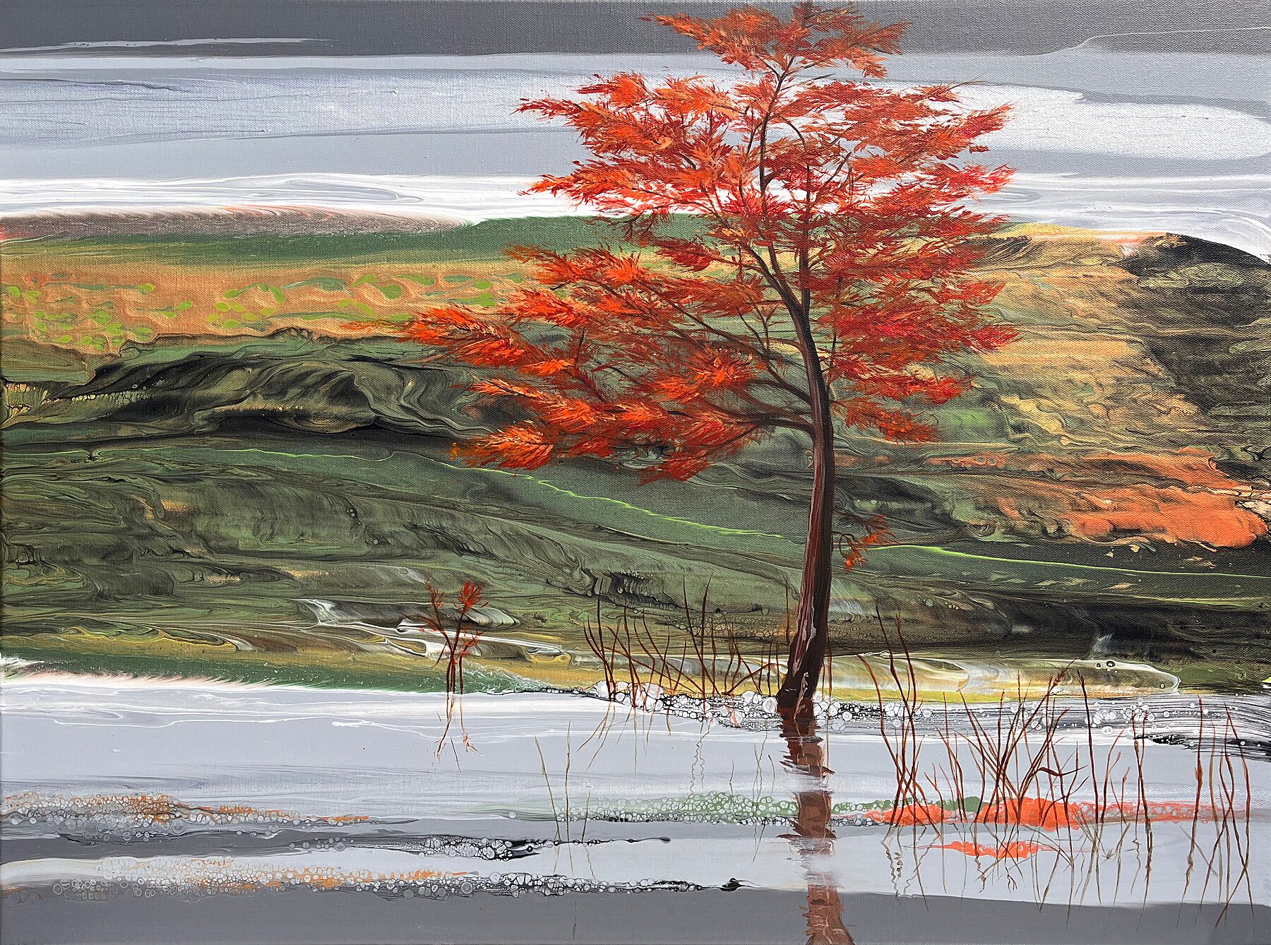 Julie Vatcher Artist presents a radiant tree under a silver sky—reflected in water and framed by delicate reeds, this piece glows with movement and light. Full crop