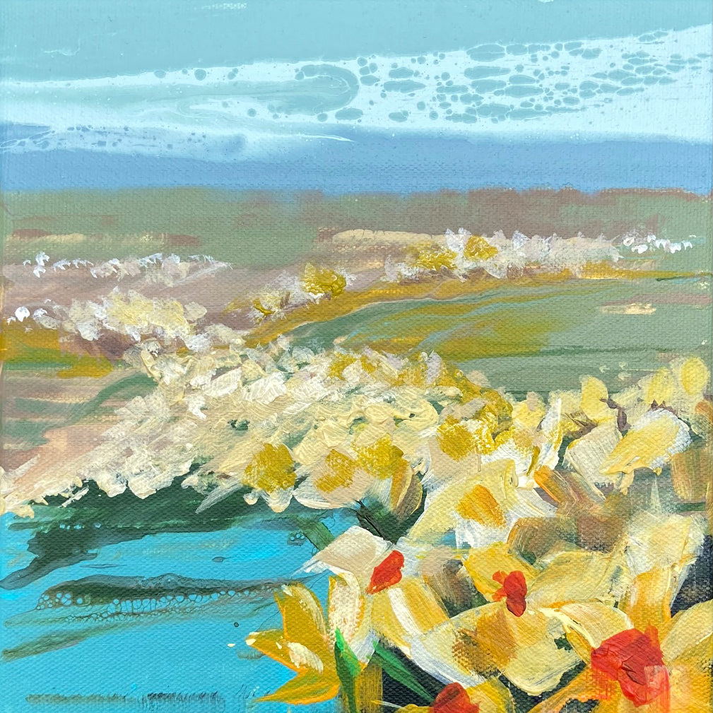 Painting of yellow flowers with a blue sky and green fields in the background