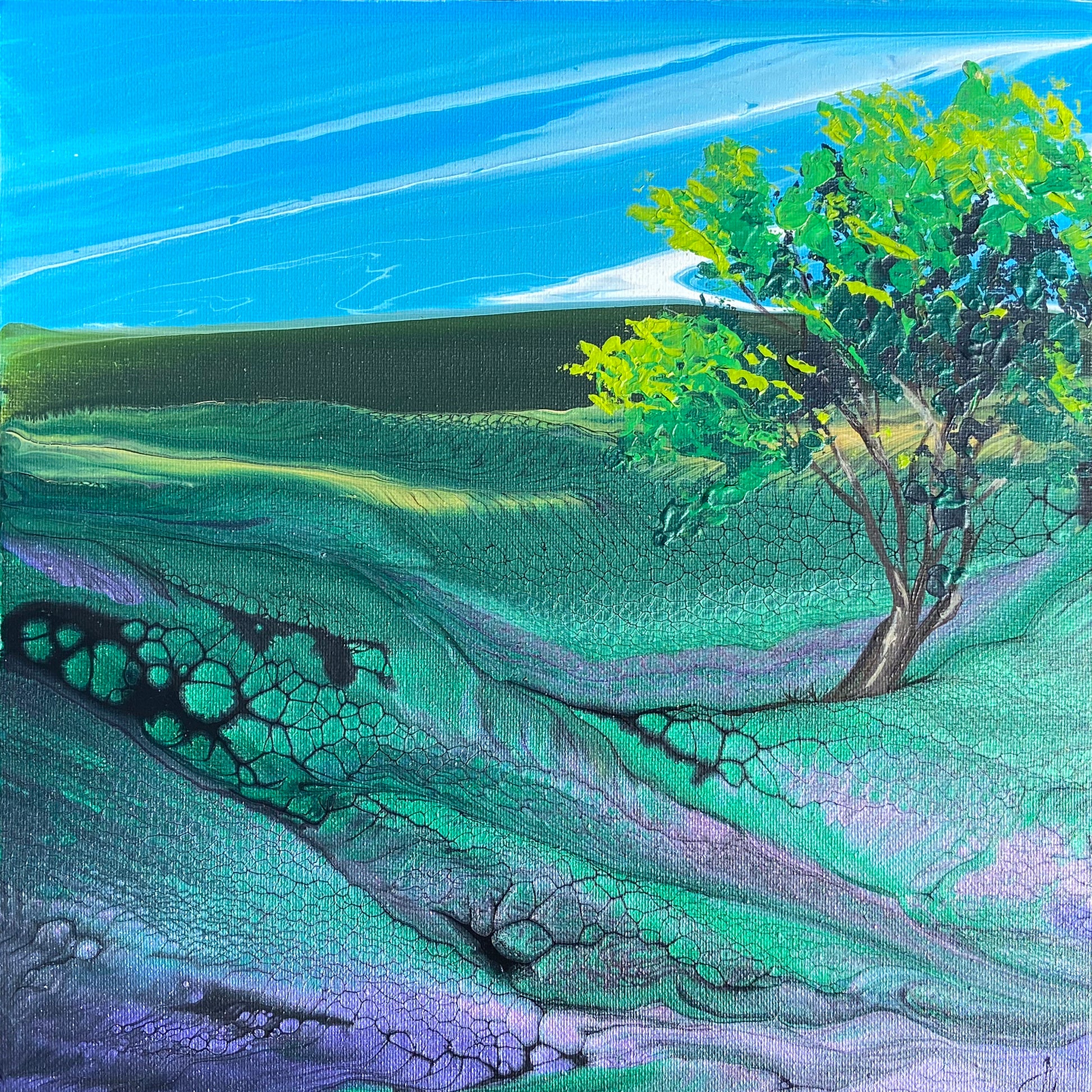 Abstract landscape with a tree and cracked earth in rich greens and violet
