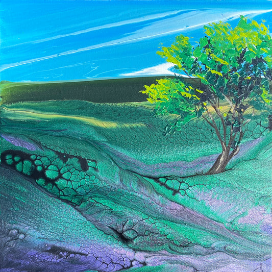 Abstract landscape with a tree and cracked earth in rich greens and violet