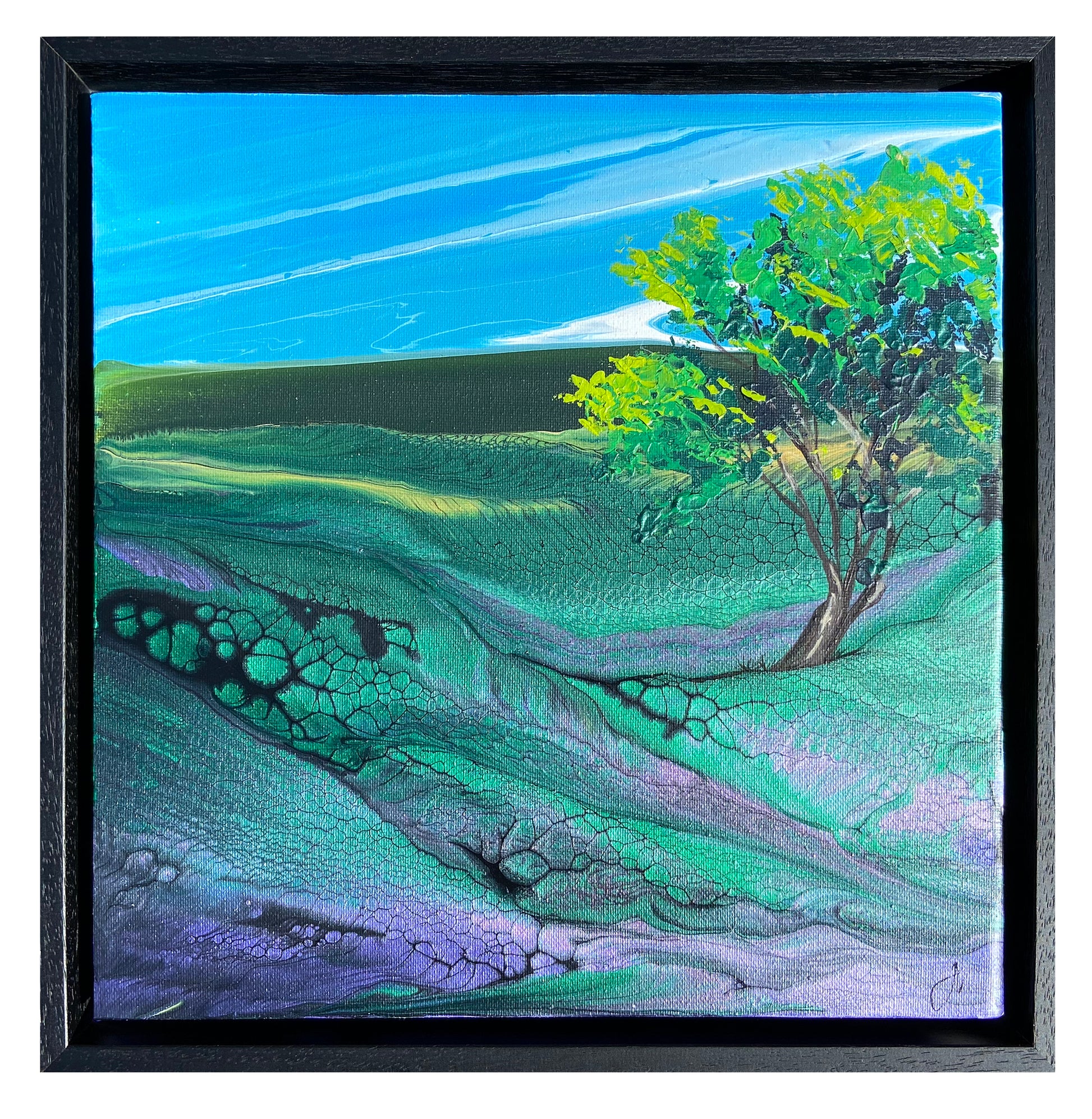 Abstract landscape with a tree and cracked earth in rich greens and violet, Showing black frame