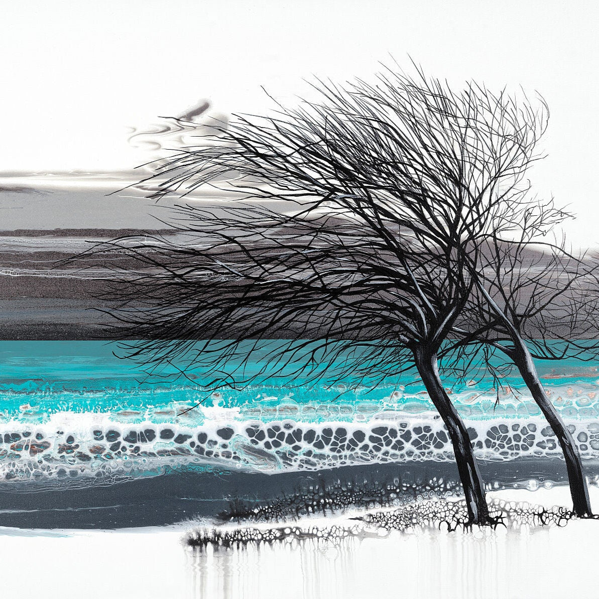 Striking winter landscape with textured background and tree