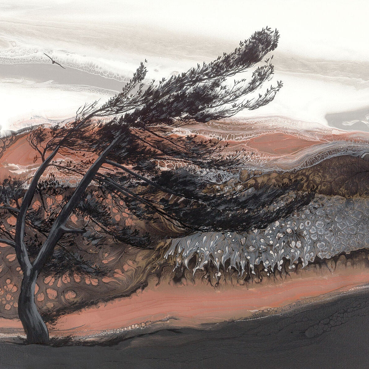 This artwork is full of drama, movement, and intricate details. The palette is intentionally minimal, with striking use of rose gold. At the heart of the piece is a hand-drawn tree, created with ink and acrylics, which serves as a bold focal point and draws the viewer’s eye across the canvas.