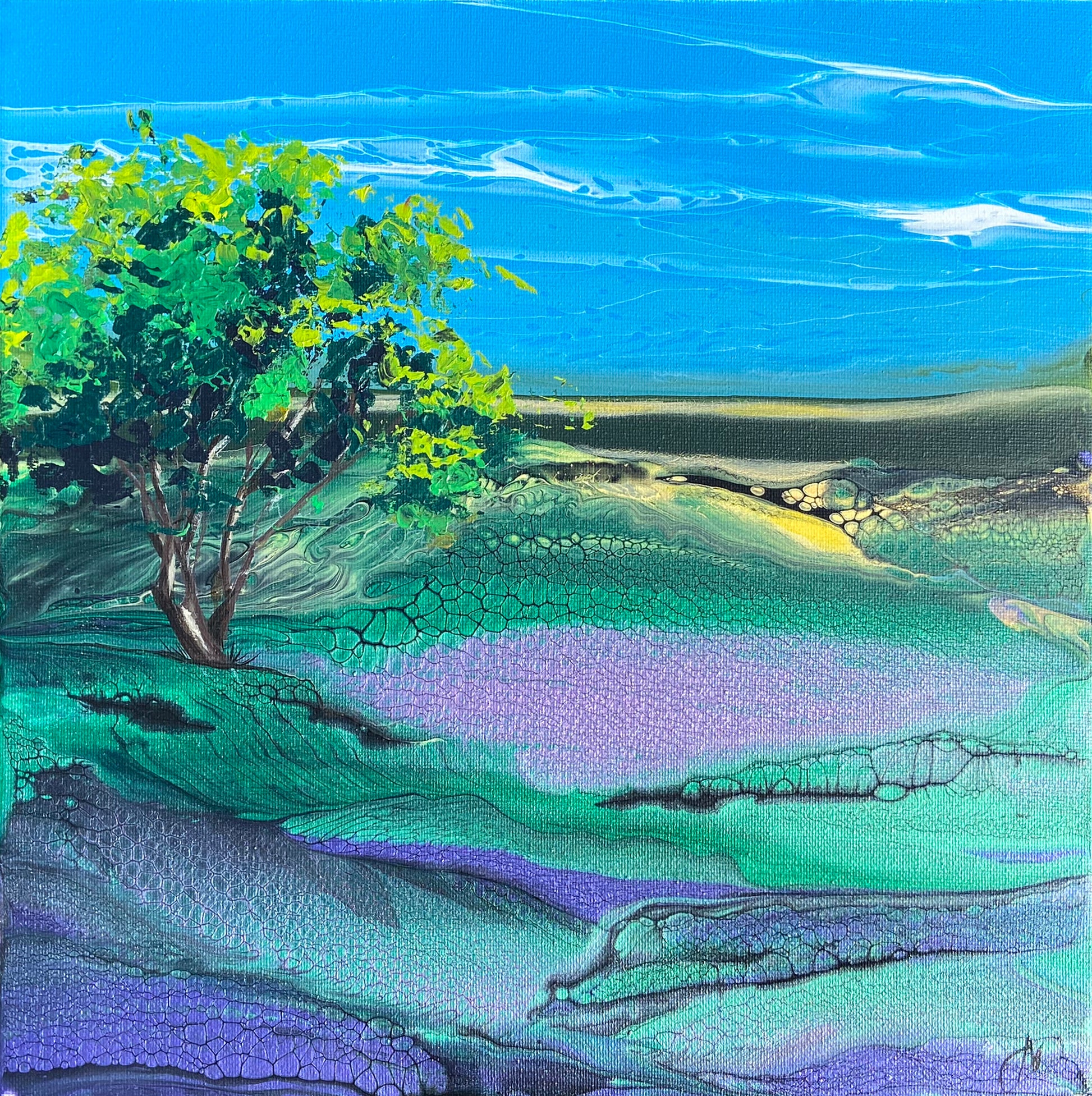 Abstract landscape painting with a tree and colorful ground