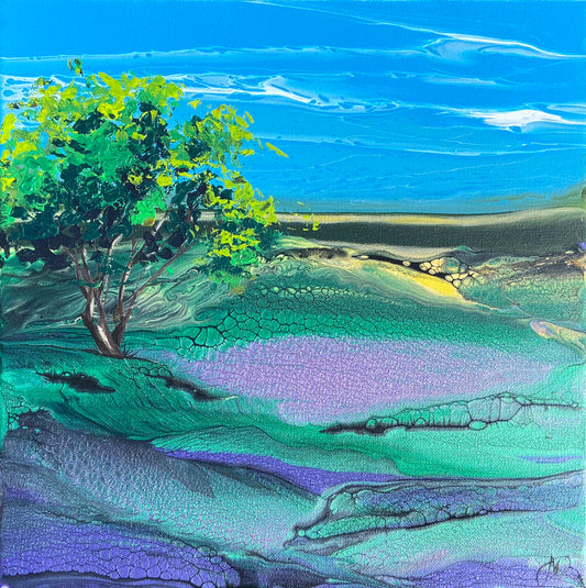 Abstract landscape painting with a tree and colorful ground