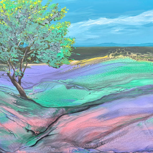 Colorful landscape painting with a tree and rolling hills. Square crop